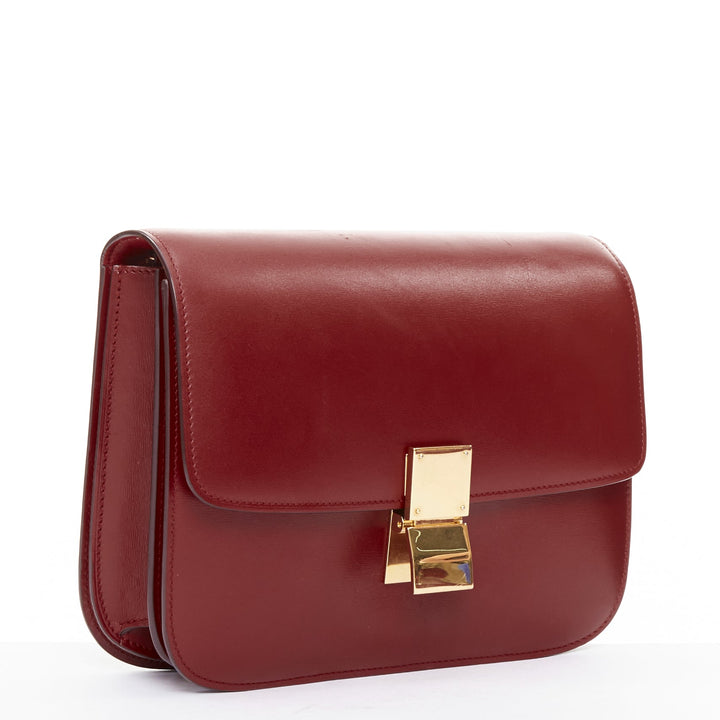 CELINE Classic Box burgundy smooth leather gold clasp crossbody messenger bag