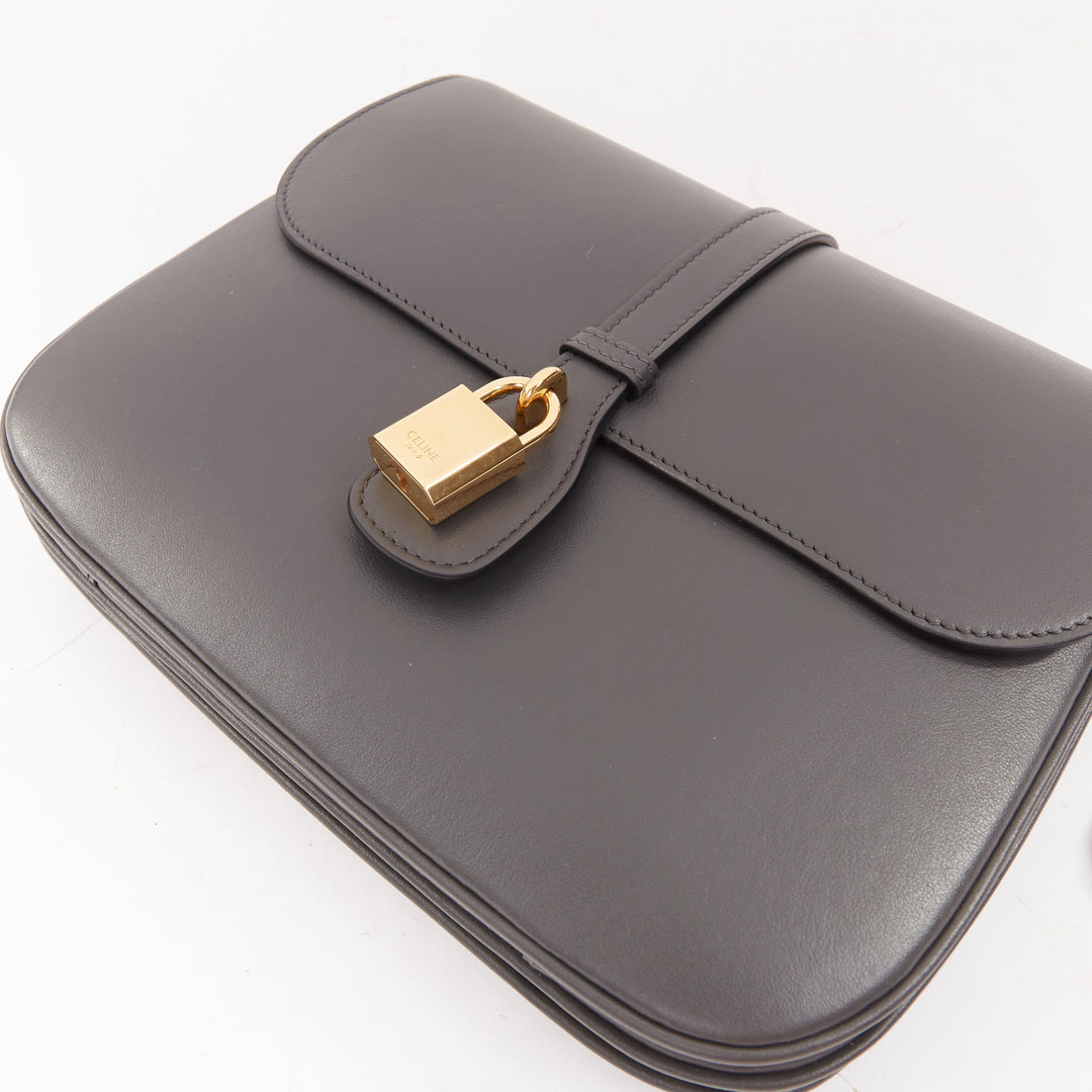 CELINE 2021 Medium Tabou dark grey calfskin leather GHW lock crossbody bag