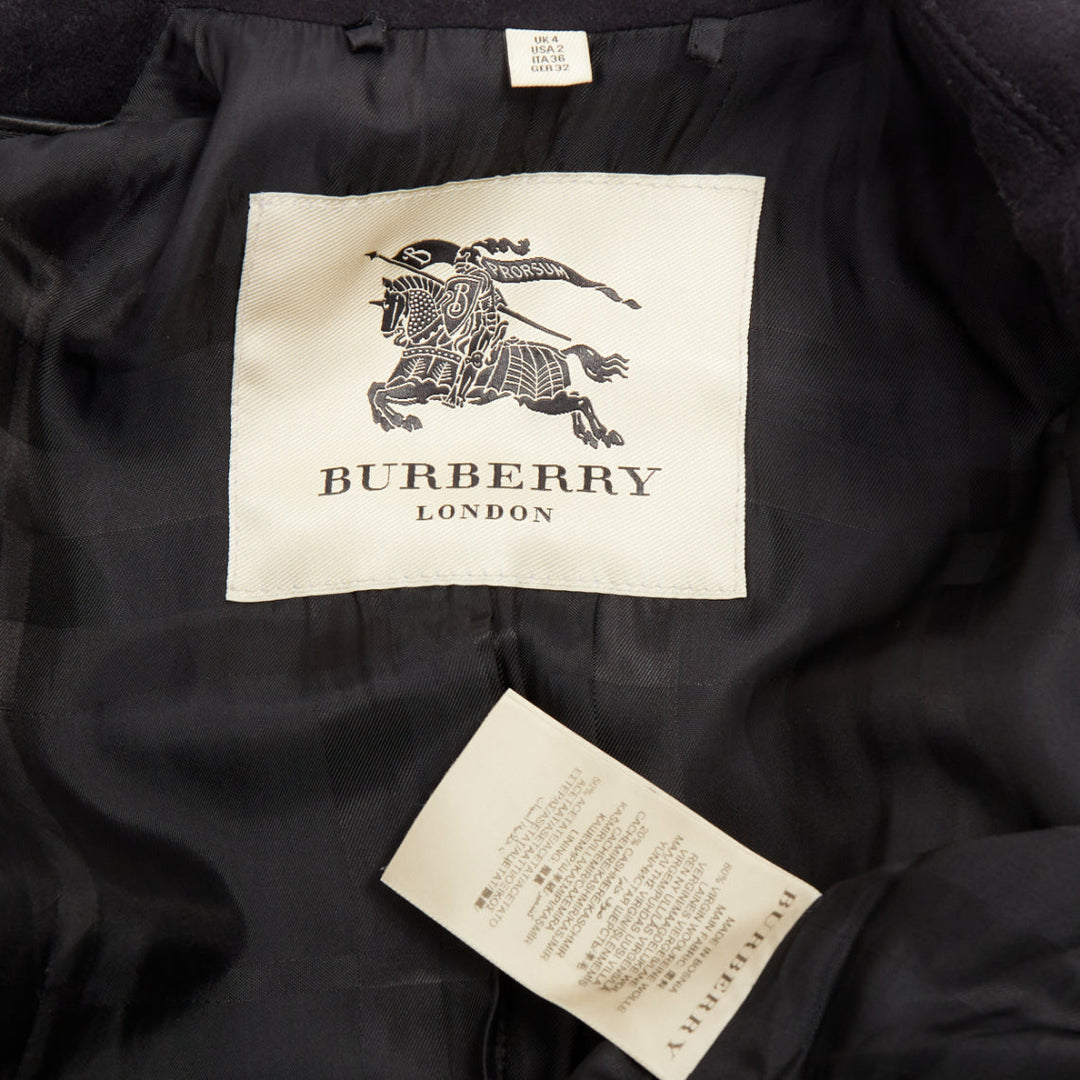 BURBERRY black virgin wool cashmere asymmetric zip belted trench coat UK4 XXS