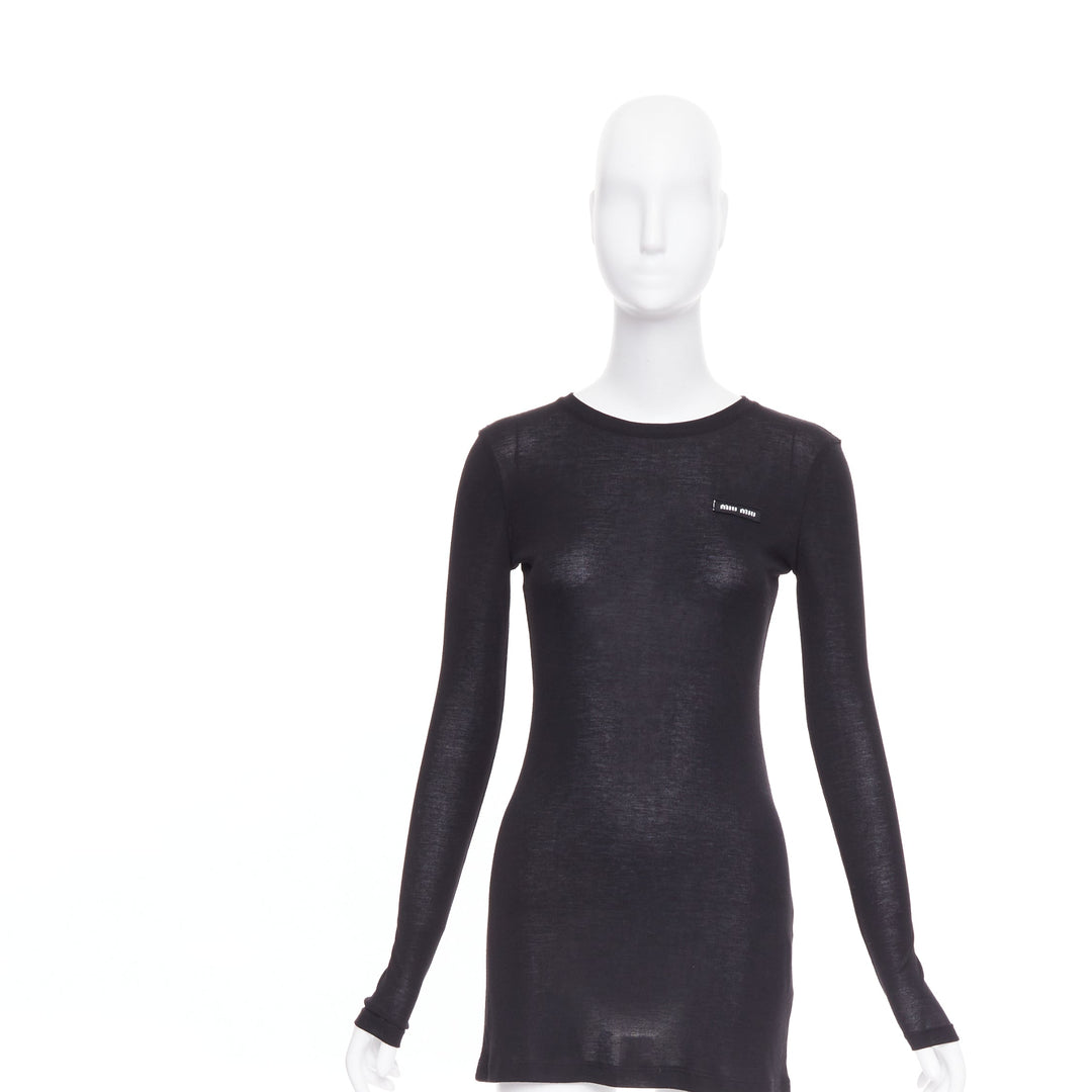 MIU MIU 2022 black white logo tab crew neck long sleeve tshirt dress IT36 XXS