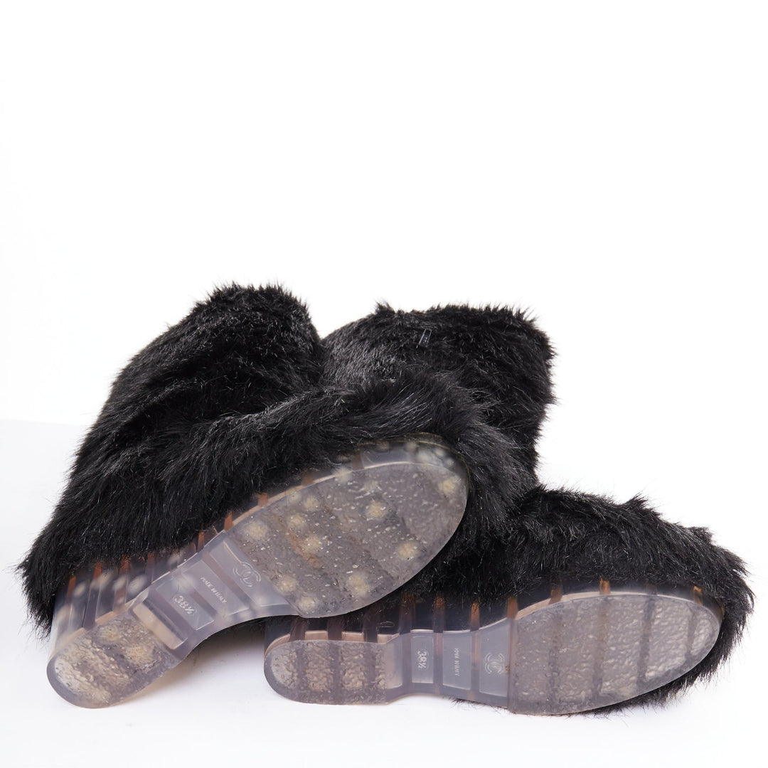 CHANEL 2010 Runway black Yeti faux fur silver CC clear iceberg heel boots EU38.5