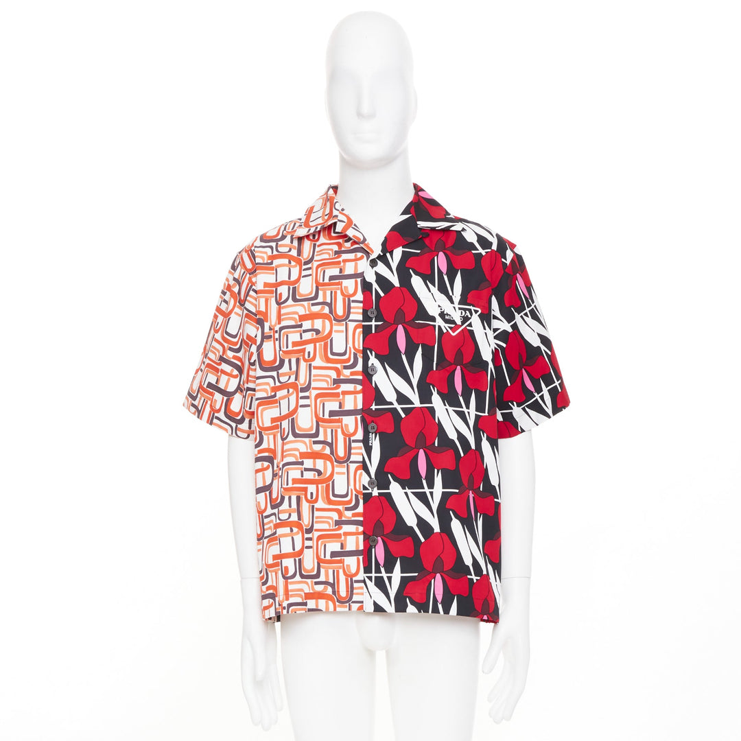 PRADA 2021 Runway Double Match geometric iris red floral split bowling shirt M