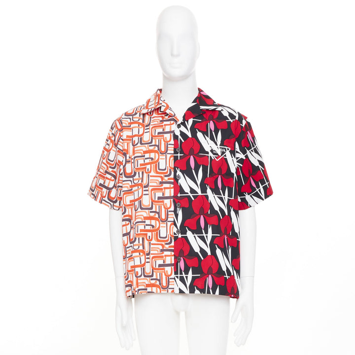 PRADA 2021 Runway Double Match geometric iris red floral split bowling shirt M