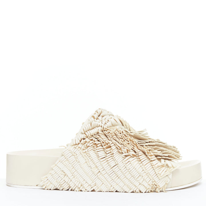 JIL SANDER beige leather fringe platform slides sandals EU38