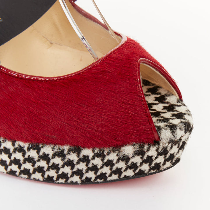CHRISTIAN LOUBOUTIN Bikiki 140 red houndstooth calf hair platform heels EU38