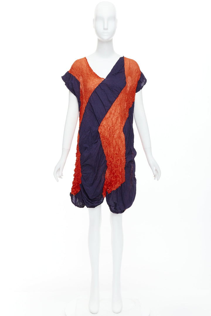 ISSEY MIYAKE orange navy graphic crinkled asymmetric short sleeve dress JP2 M