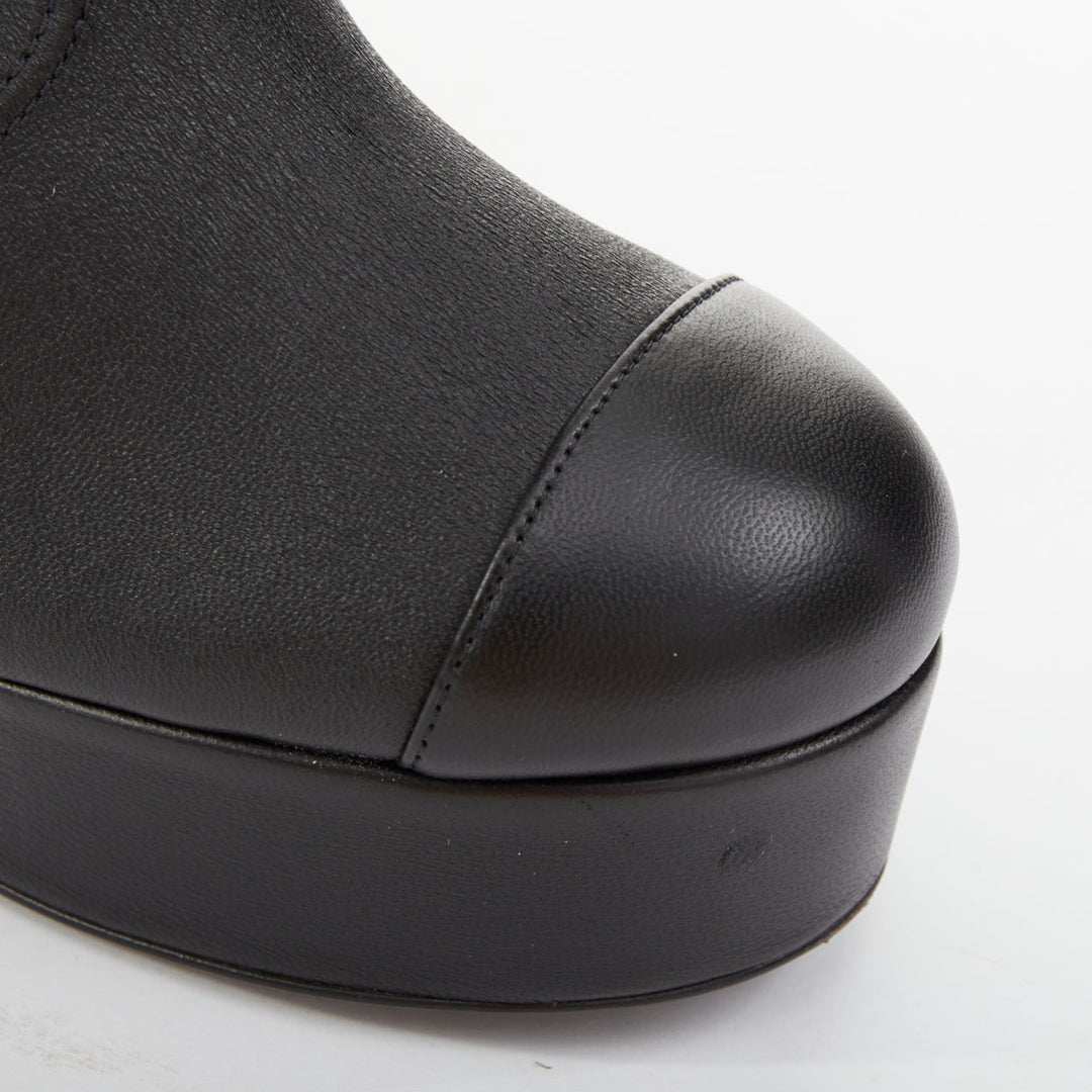 CHANEL 2024 black stretch leather cap toe platform block knee high boots EU38.5C
