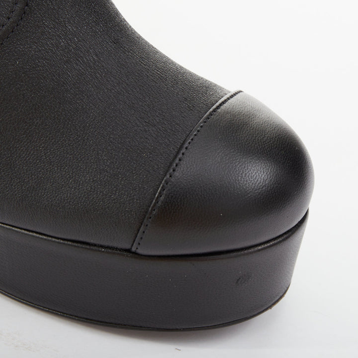 CHANEL 2024 black stretch leather cap toe platform block knee high boots EU38.5C