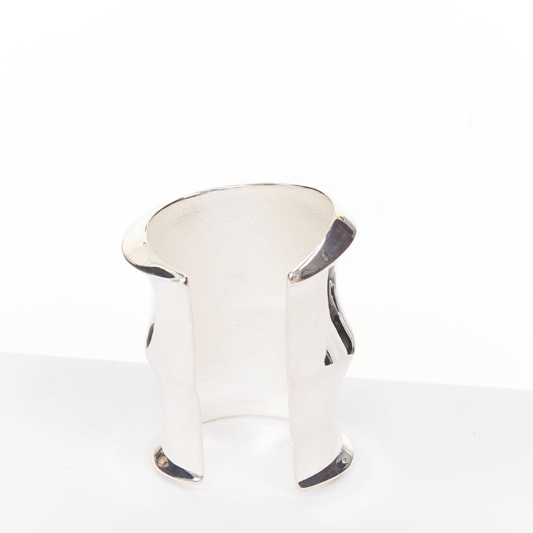 SAINT LAURENT Wavy silver tone brass mirrored shine architectural cuff bangle