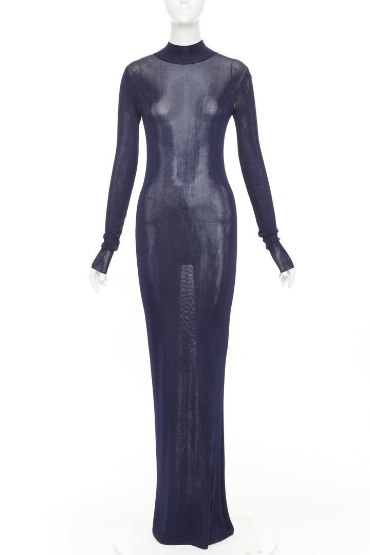 SAINT LAURENT 2023 Runway navy blue fine viscose mesh turtleneck sheer dress S