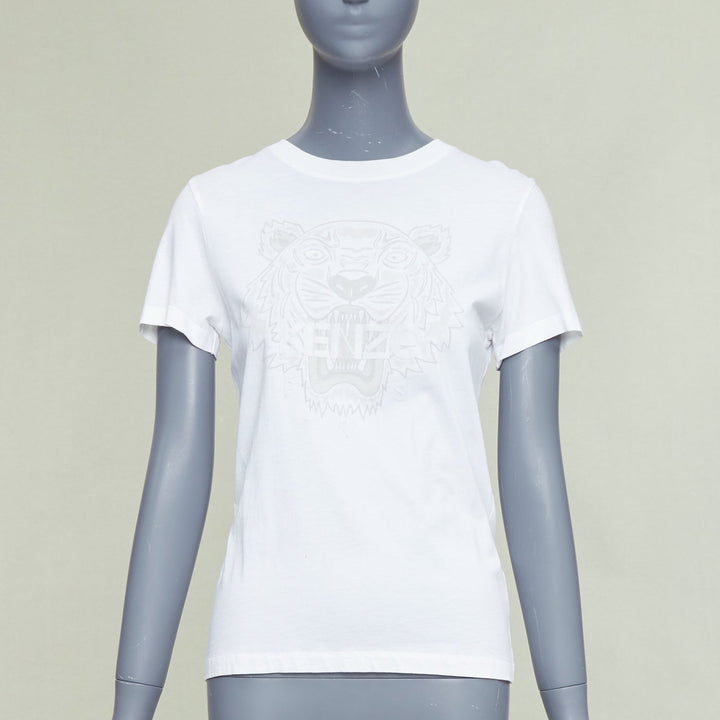 KENZO Jungle white cotton grey tiger felt print fitted crew tshirt S