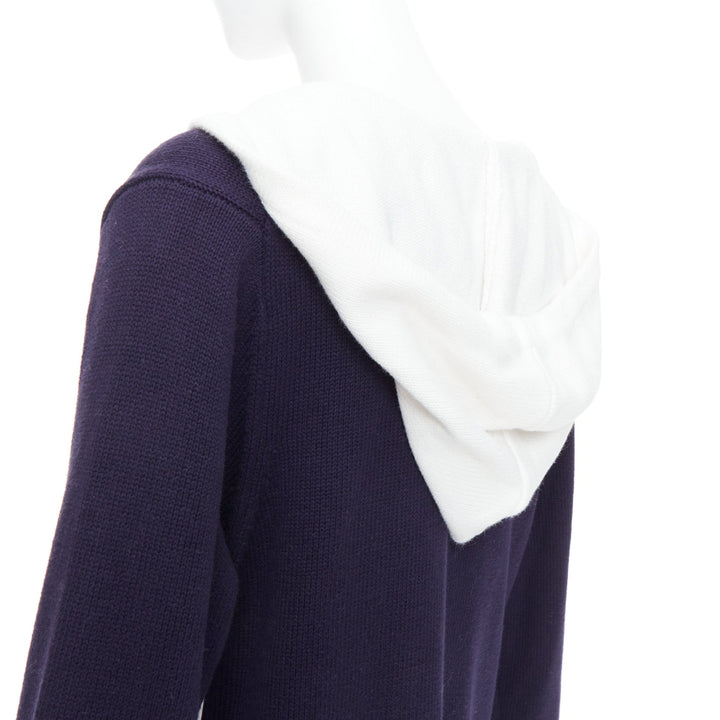 MONSE navy white cotton blend laced side hooded cardigan XS