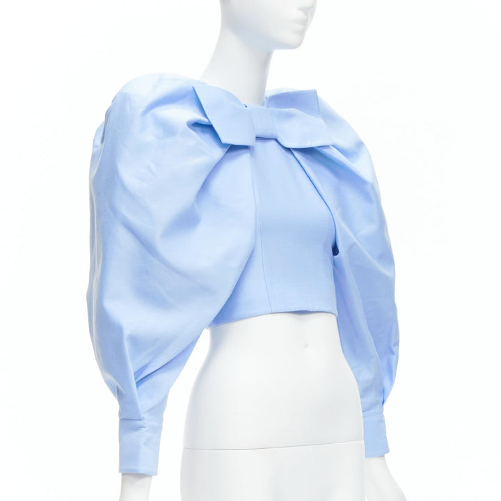 SHUSHU TONG blue cotton silk bow puff sleeve fitted cropped top UK6 XS
