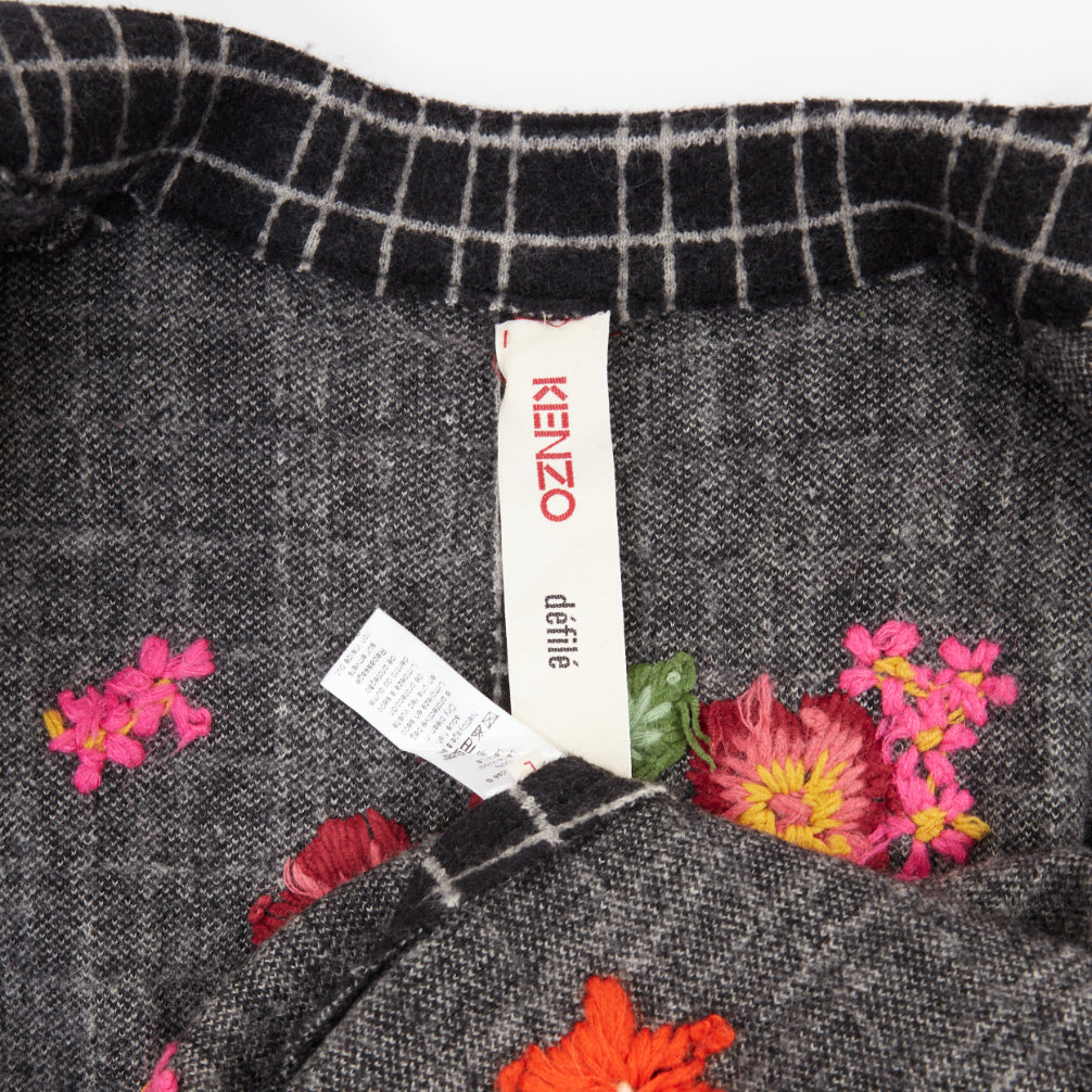 KENZO 2008 Vintage black white grid check wool floral embroidered jacket L