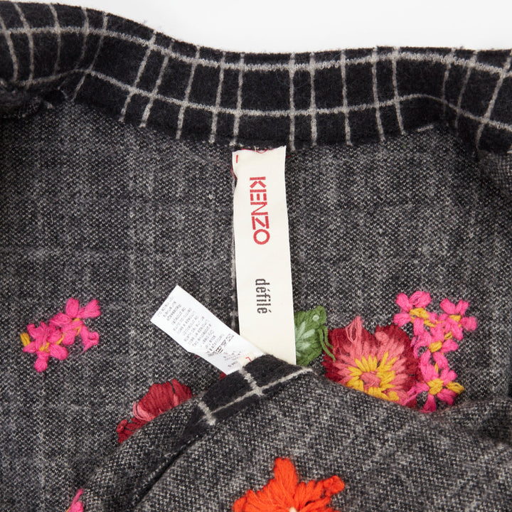 KENZO 2008 Vintage black white grid check wool floral embroidered jacket L