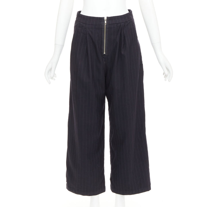 REFORMATION navy pinstripe surplus fabric silver zip fly wide pants US0 XS