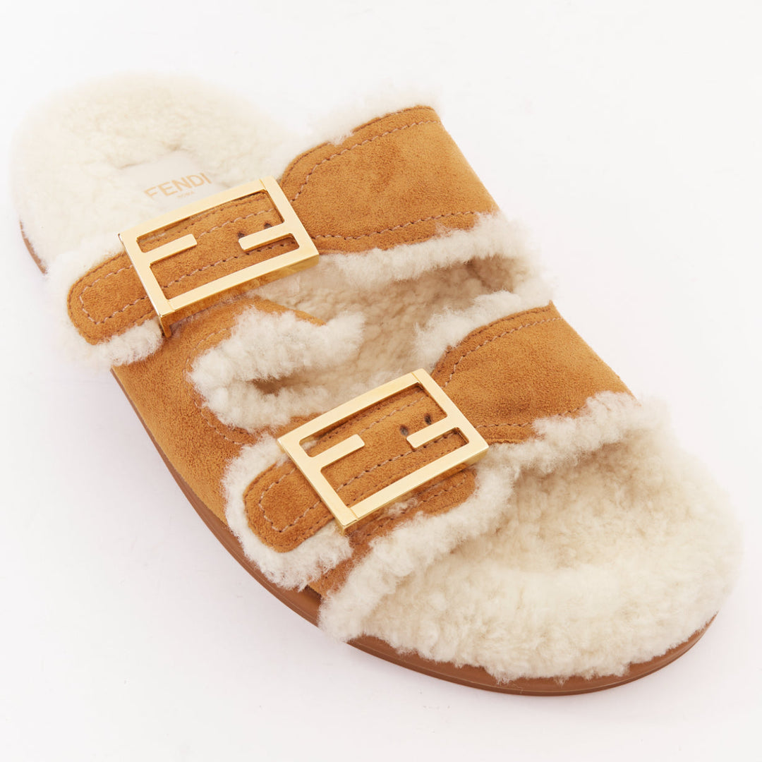 FENDI Feel tan brown suede shearling gold FF buckle sandal slides EU38