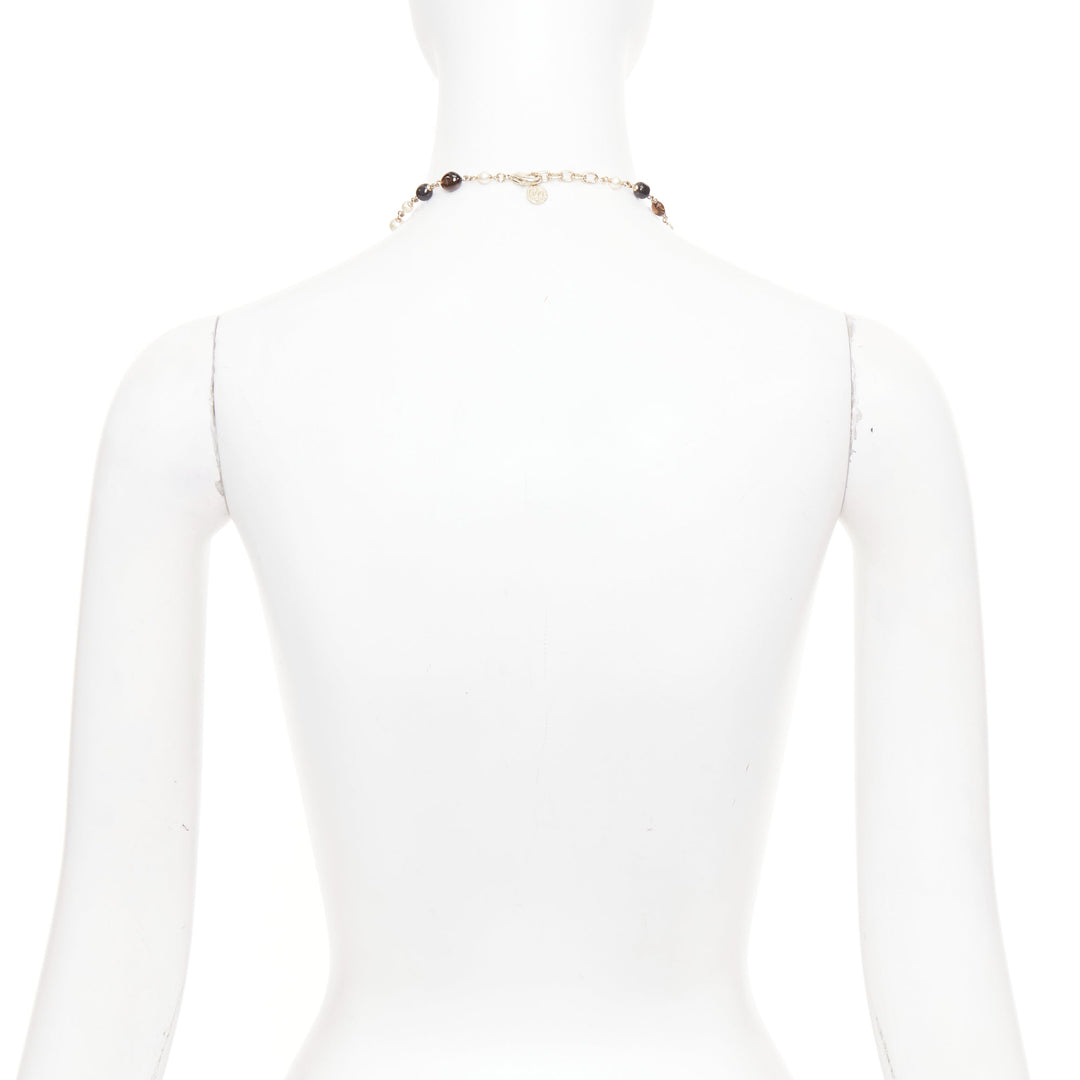 CHANEL A14C red black resin faux pearl CC logo station chain sautoir necklace