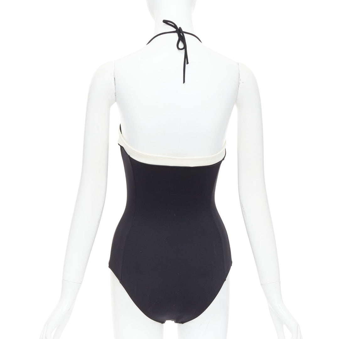 CHANEL white logo faux pearl black white collared halter one pc swimsuit FR34 XS