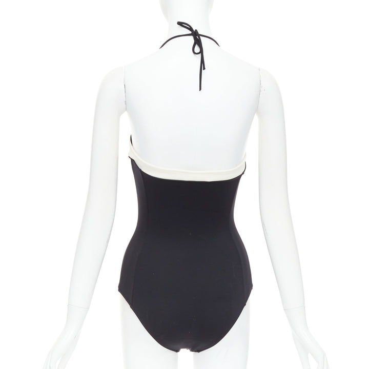 CHANEL white logo faux pearl black white collared halter one pc swimsuit FR34 XS