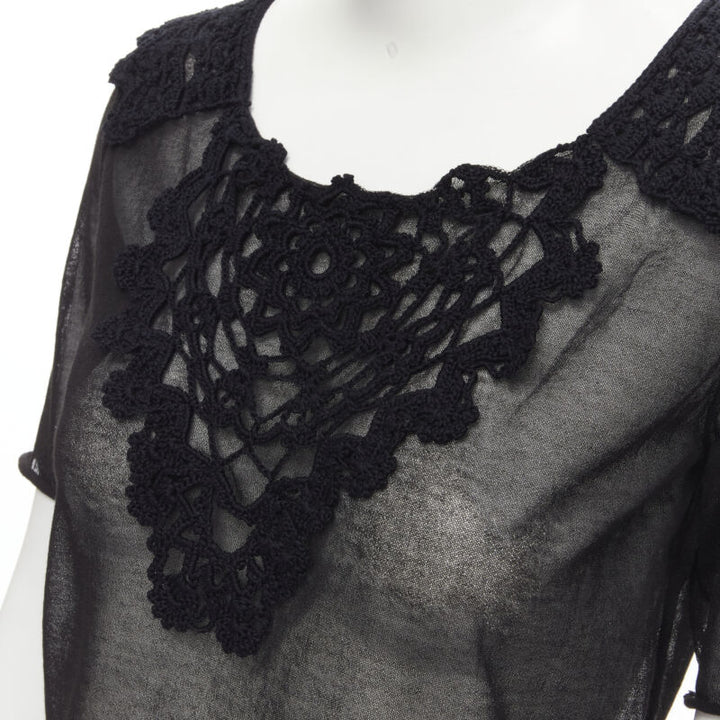 DOLCE GABBANA crochet lace sheer rolled edges fine knit cotton top IT40 S