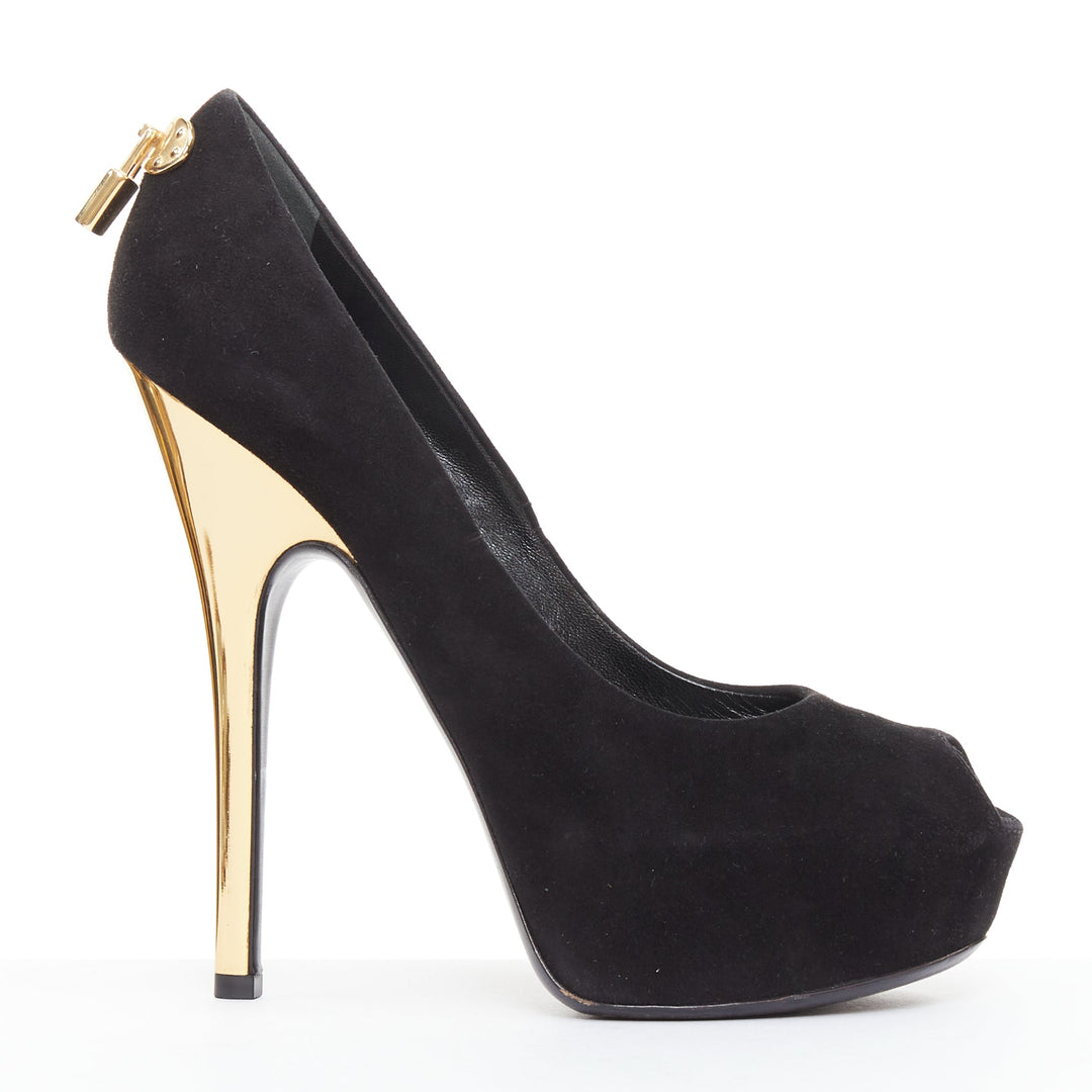 LOUIS VUITTON Oh Really black suede gold LV lock sky high pumps EU37