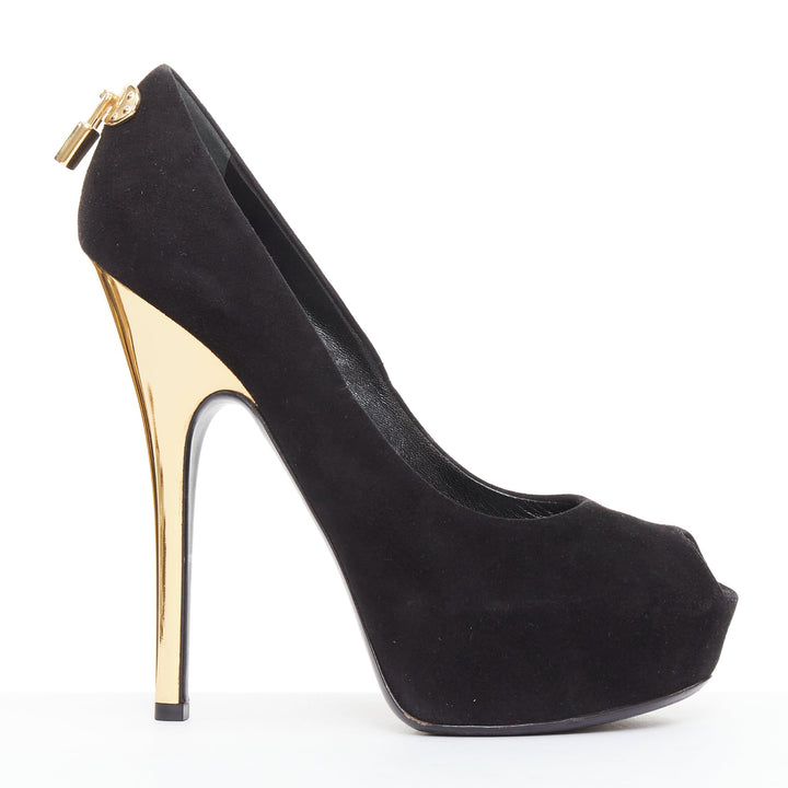 LOUIS VUITTON Oh Really black suede gold LV lock sky high pumps EU37