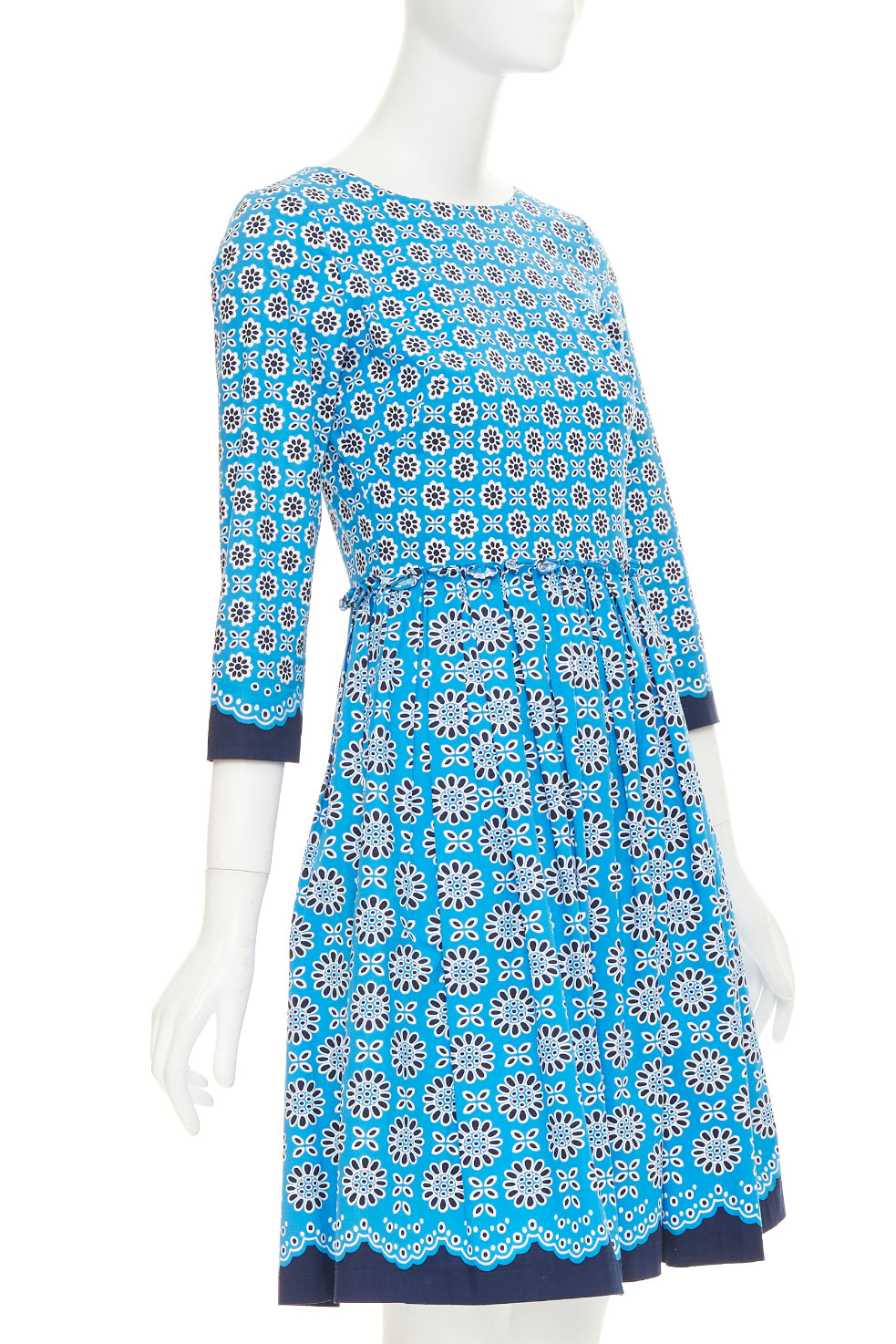 OSCAR DE LA RENTA S16 blue geometric floral print cotton A-line dress US0 XS