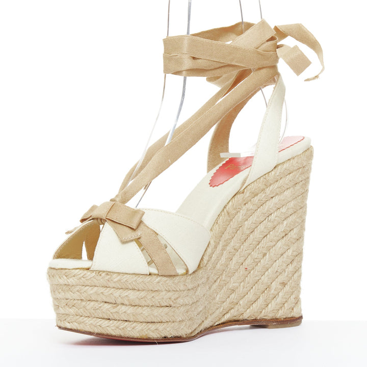 CHRISTIAN LOUBOUTIN Isabelle cream beige canvas jute bow tie wedges EU36