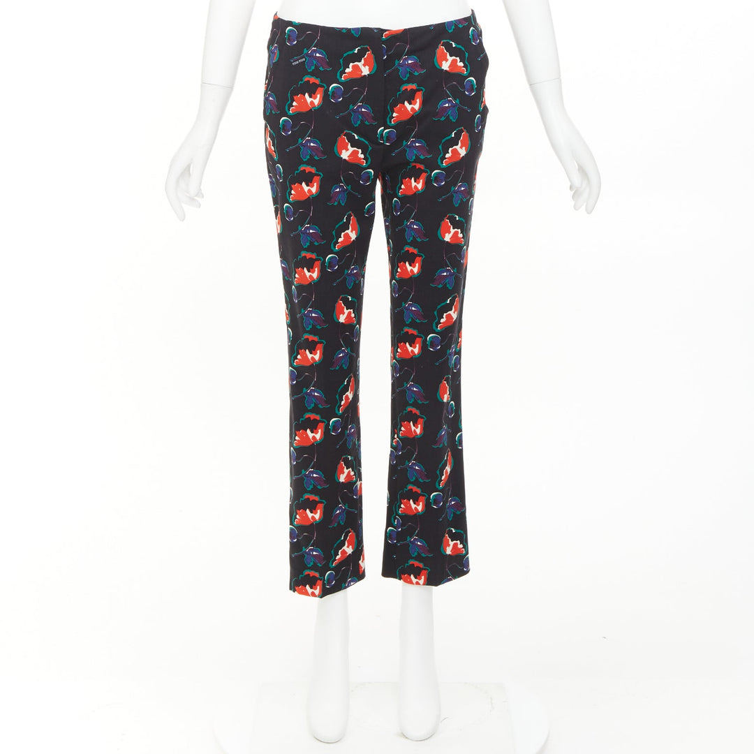 MIU MIU 2014 black red blue wool floral cropped kick flare trousers IT38 XS