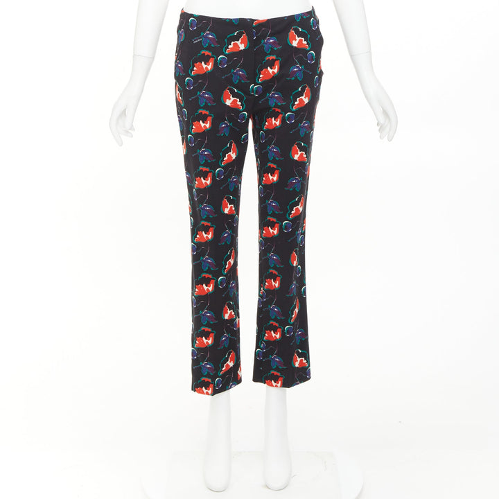 MIU MIU 2014 black red blue wool floral cropped kick flare trousers IT38 XS
