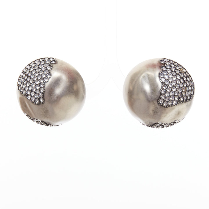 SAINT LAURENT crystal embellished aged silver metal dome clip on earrings Pair
