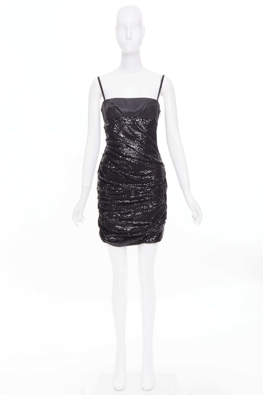ALEXANDER WANG black lambskin leather Sequin Goddess ruched dress US4 S