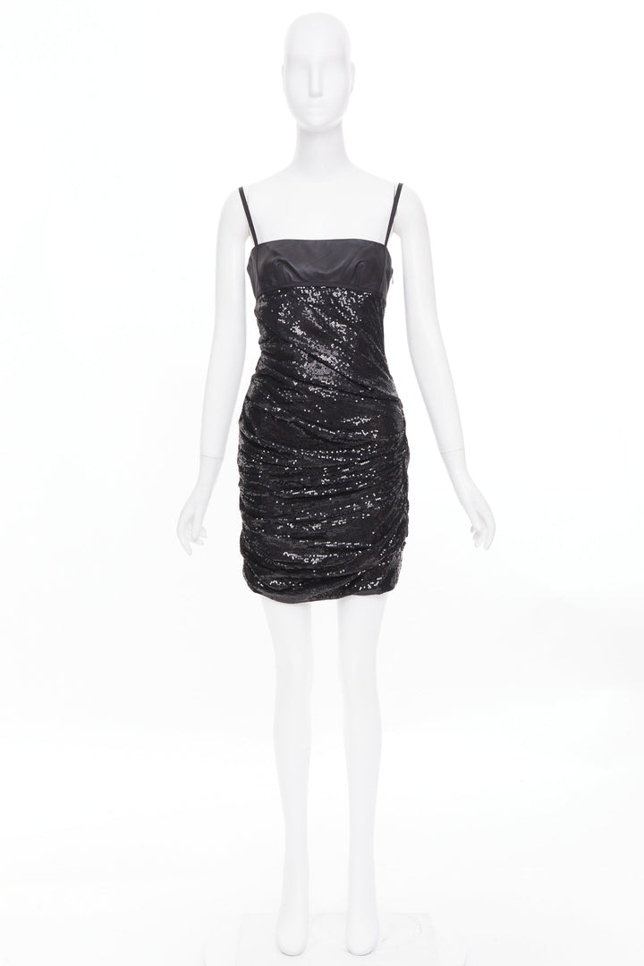 ALEXANDER WANG black lambskin leather Sequin Goddess ruched dress US4 S