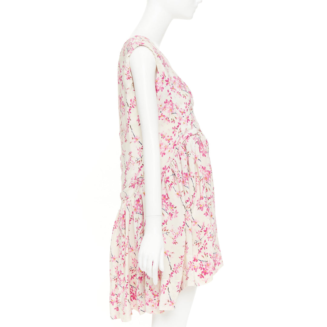 BALENCIAGA 2010 beige pink silk plum blossom floral ruched mini dress FR36 S