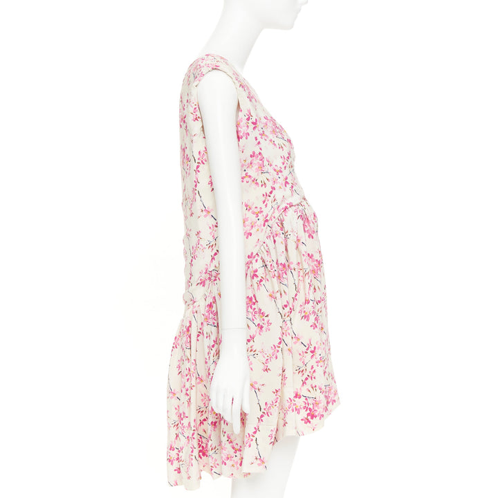 BALENCIAGA 2010 beige pink silk plum blossom floral ruched mini dress FR36 S