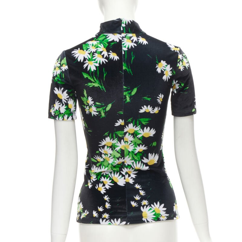 RICHARD QUINN black white green daisy floral print velvet short sleeve top S