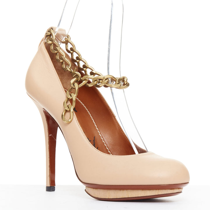 LANVIN 2010 Runway nude leather gold chunky chain wooden platform pumps EU36.5