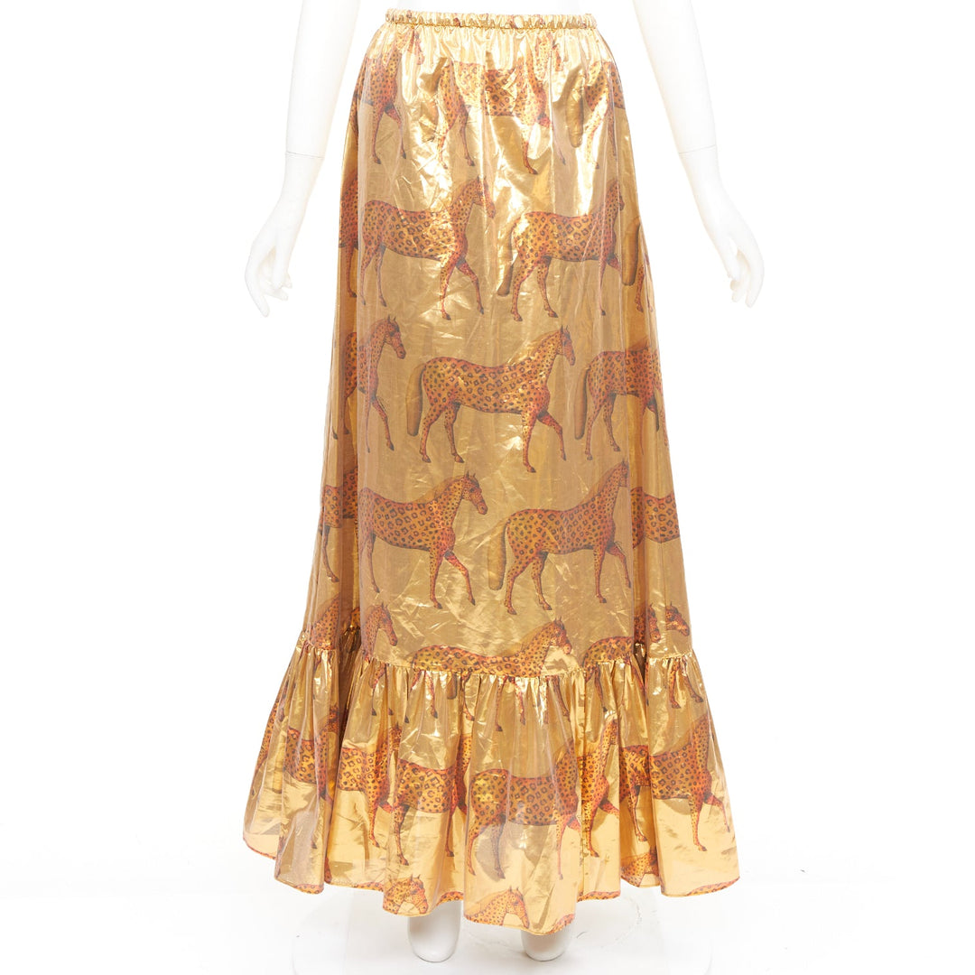 GUCCI 2016 horse metallic gold lurex cheetah animal ruffle maxi skirt IT38 XS