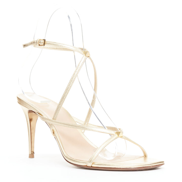VALENTINO Rockstud gold leather studded simple strappy sandals EU39
