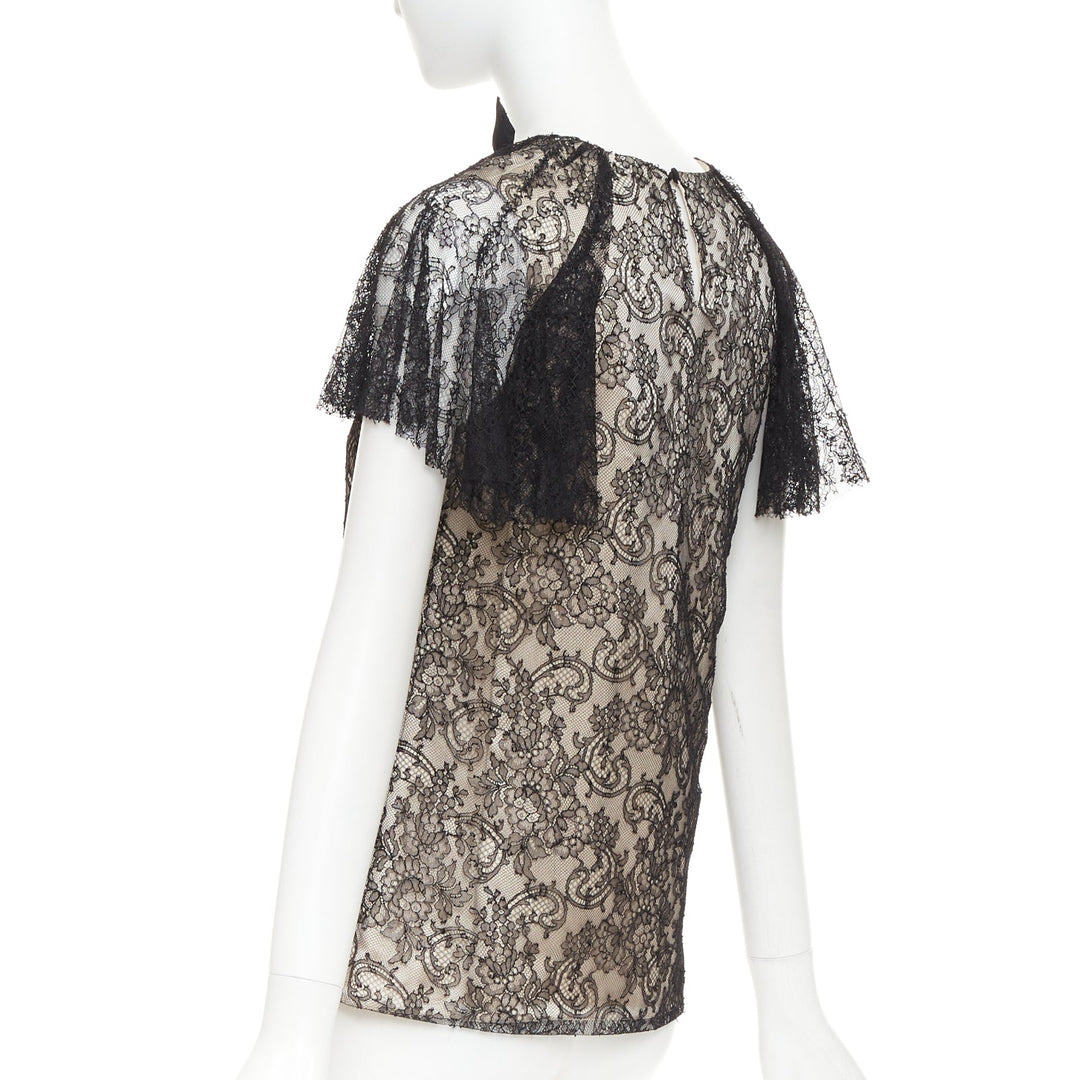 J MENDEL Chantilly Lace Blouse nude silk lined bow embellished top US2 S