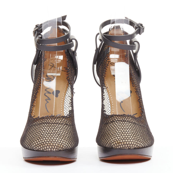 LANVIN 2011 Runway black fishnet mesh ankle harness strap pin heels EU38.5