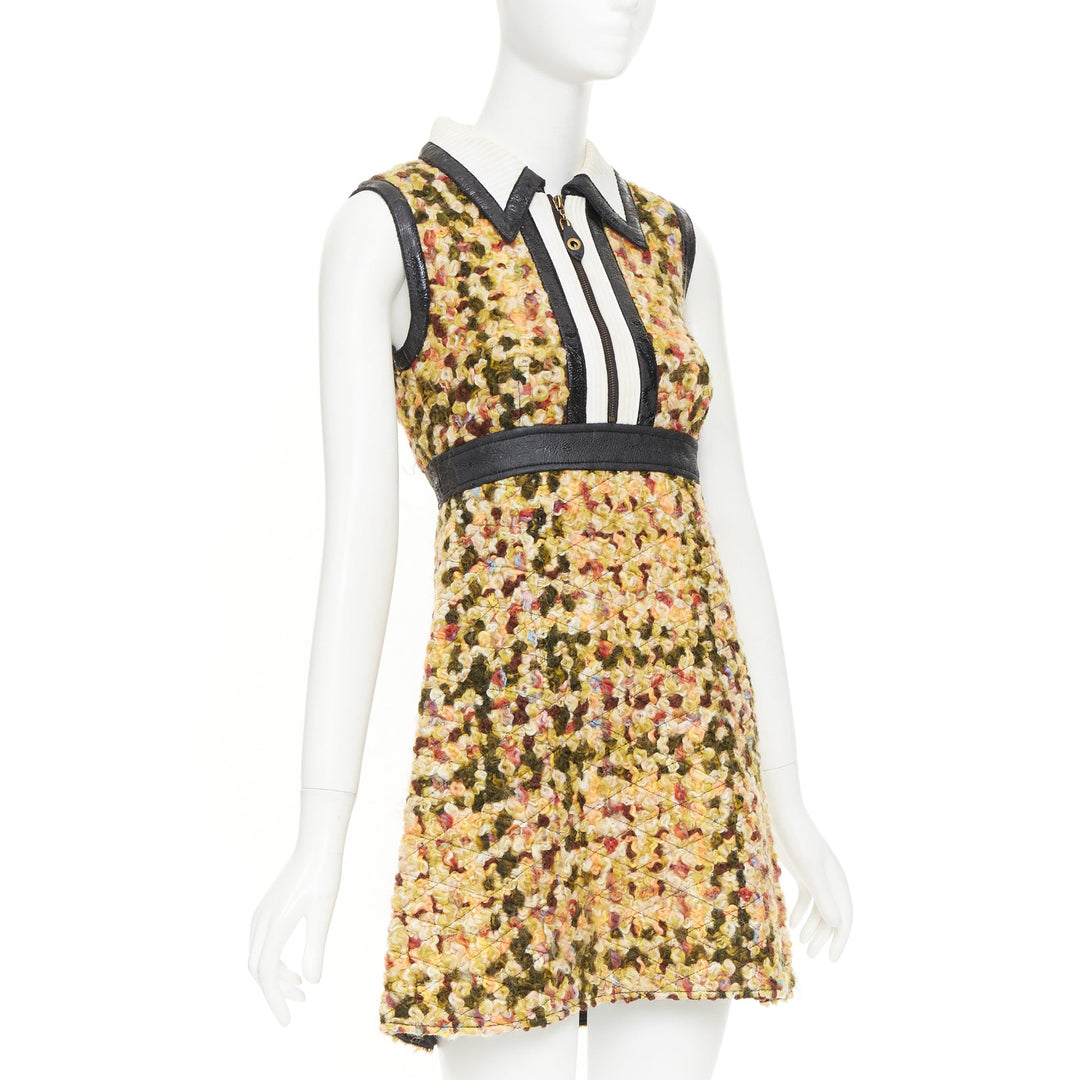 LOUIS VUITTON 2014 Runway yellow quilted tweed boucle black patent dress FR38 M