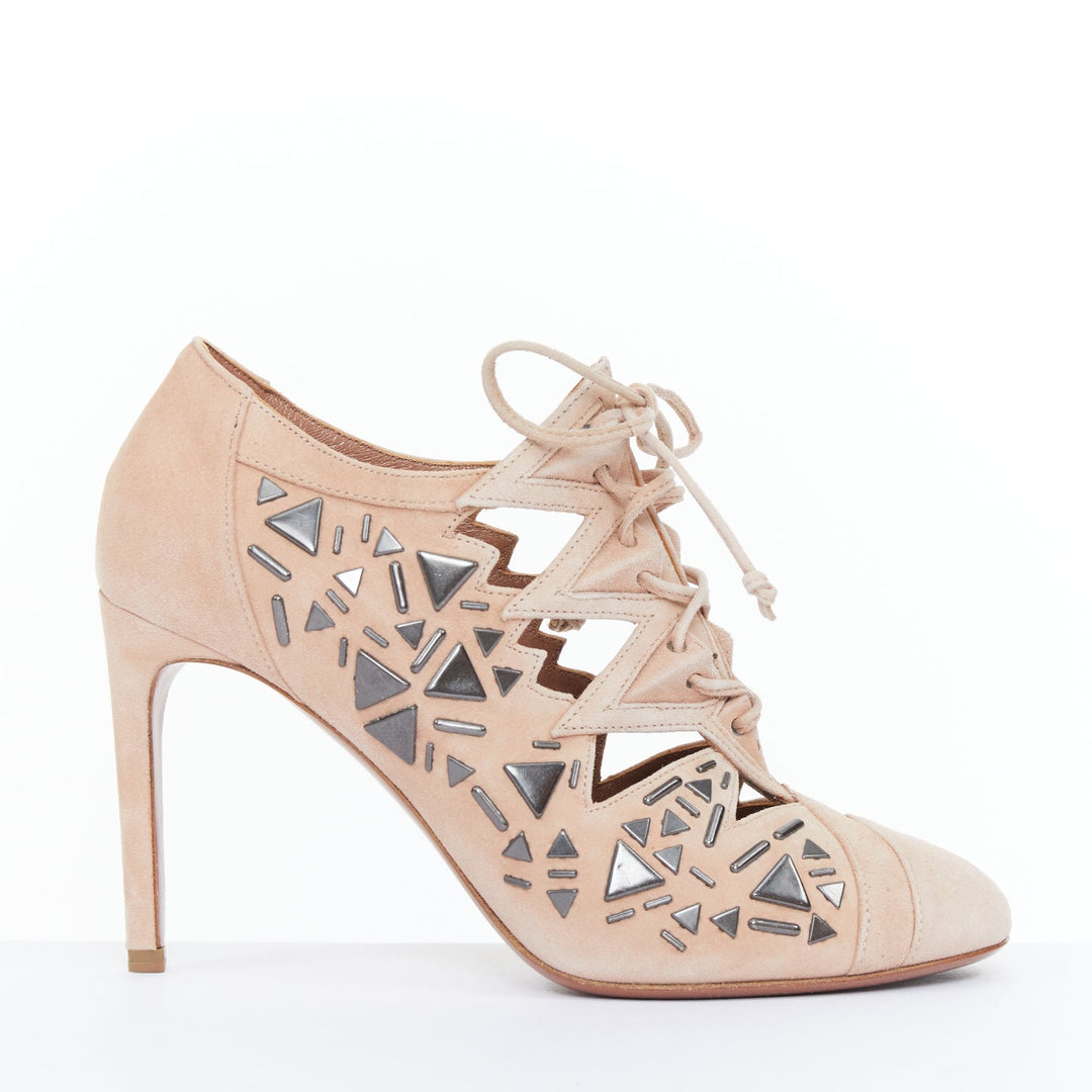 ALAIA 2014 Adelia blush pink suede geometric micro stud lace up booties EU36