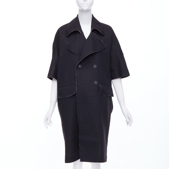 MARNI black wool linen frayed edge double breasted long coat IT38 XS