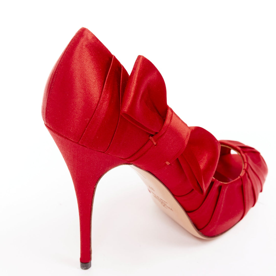 VALENTINO red pleated satin ribbon bow peep toe stiletto pumps EU37