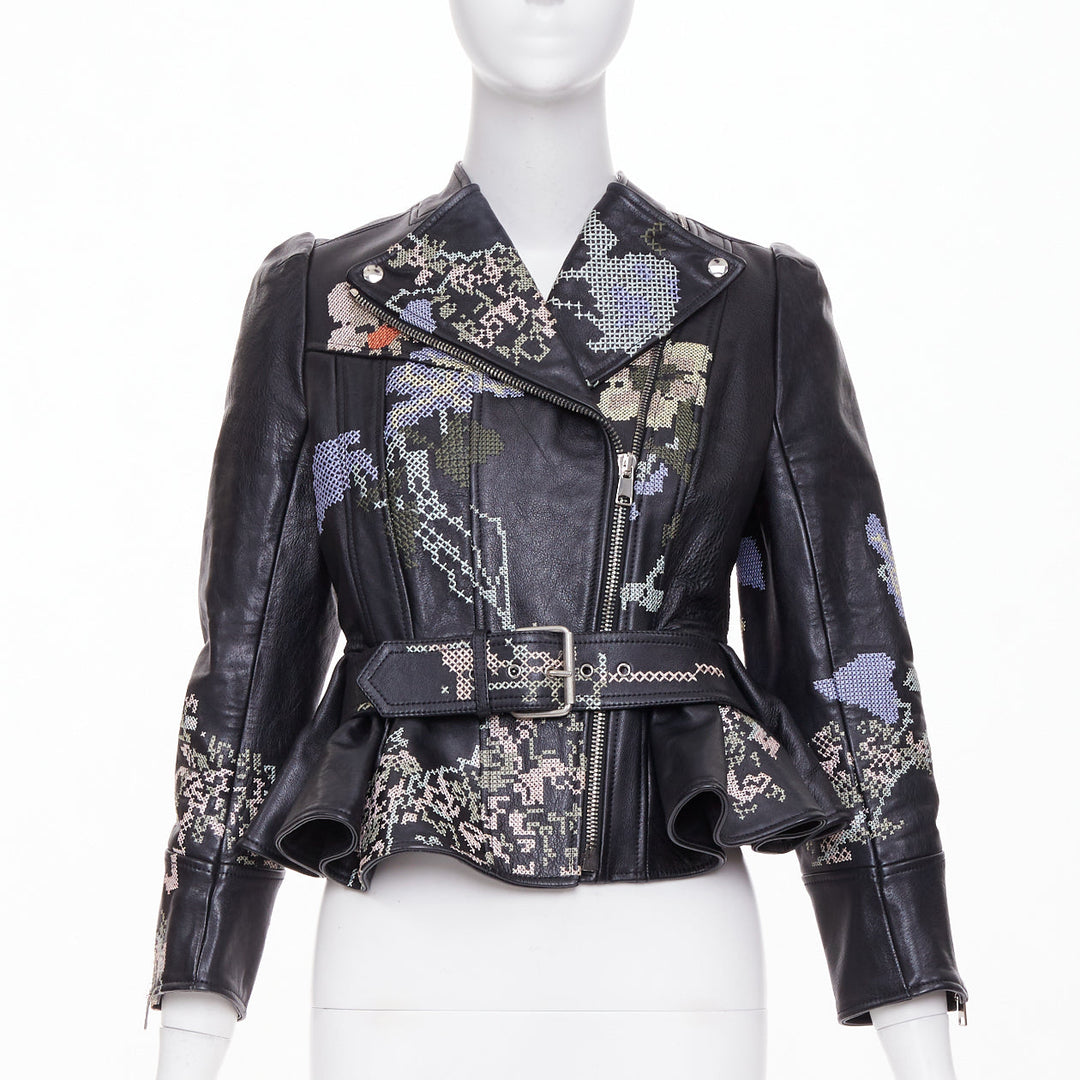 ALEXANDER MCQUEEN Cross Stitch Leather Moto floral peplum jacket IT40 S