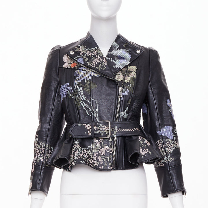 ALEXANDER MCQUEEN Cross Stitch Leather Moto floral peplum jacket IT40 S