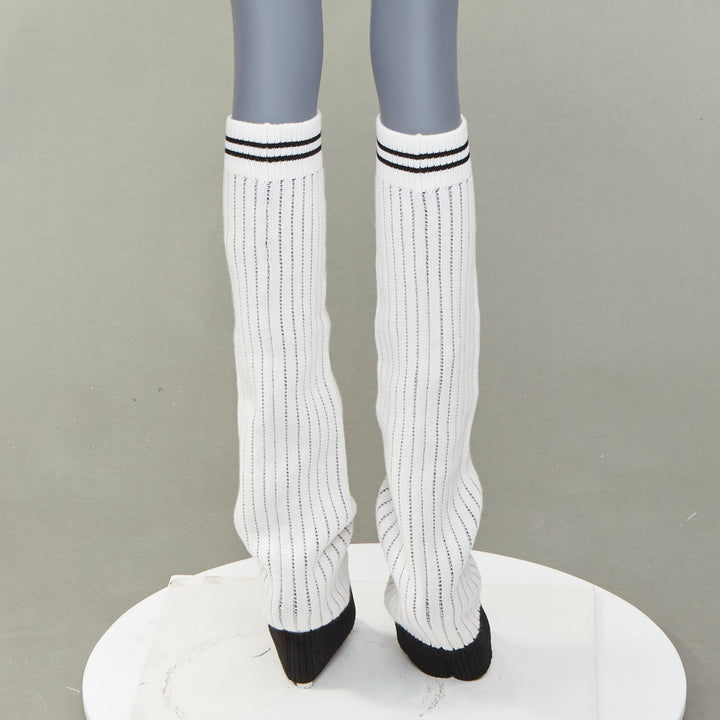 CHANEL 2024 Runway CC logo white black ribbed knit striped trim leg warmers OS