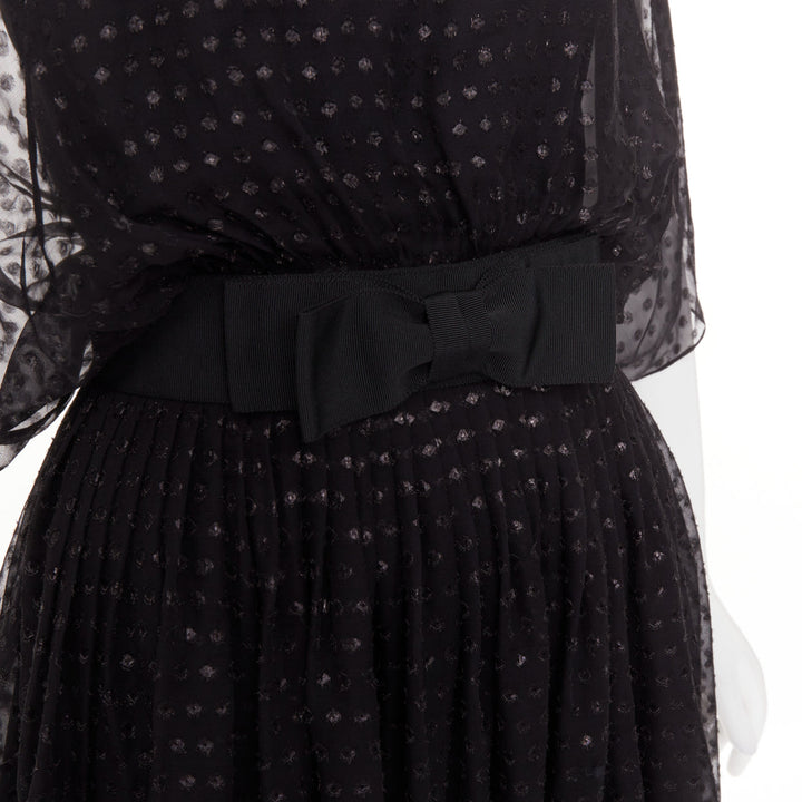 SAINT LAURENT 2014 black polka dot lurex semi sheer bow belt silk dress FR36 XS